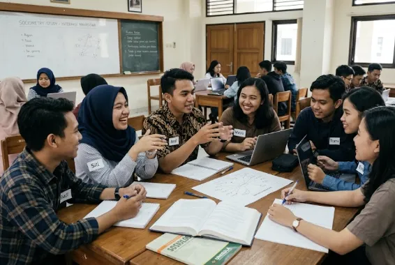 Sesi studi Sosiometri di kelas — peserta berdiskusi dalam kelompok kecil dengan sketsa sosiogram di atas meja