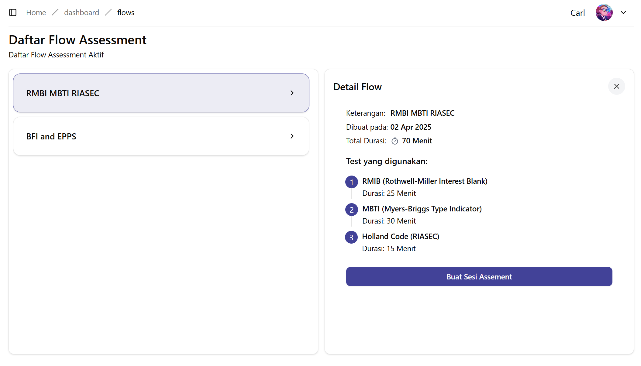 Dashboard asesmen online dengan antarmuka intuitif